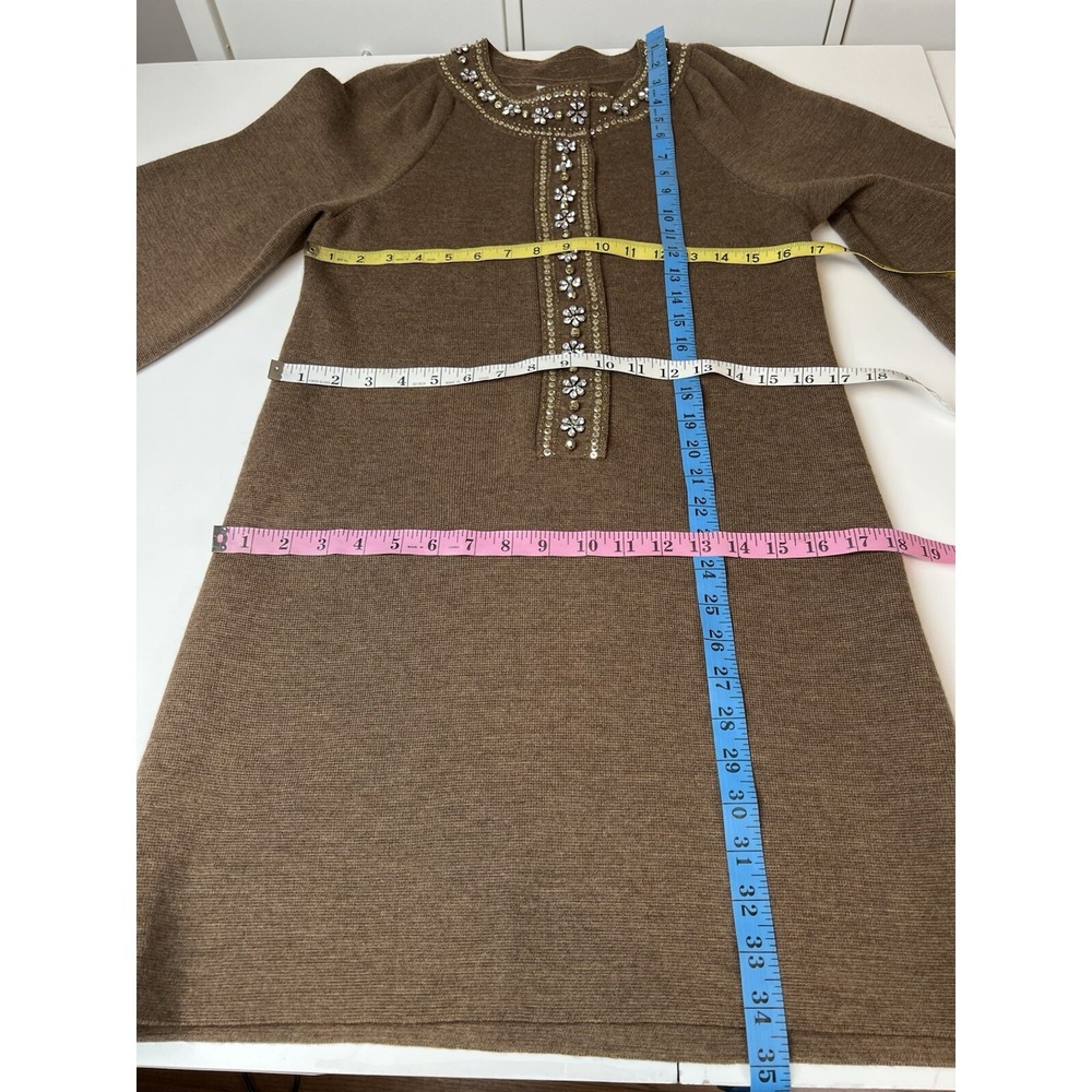 Tracy Reese Beautiful Beaded  Brown Wool Wide Sleeve Shift Dress Small Damaged - Picture 12 of 14